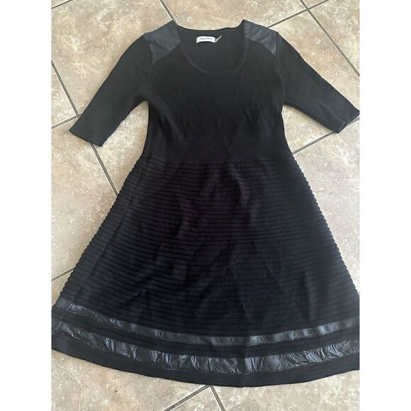 Calvin Klein M Knit Faux Leather Inserts Black Dress Scoop Neck - Picture 1 of 6
